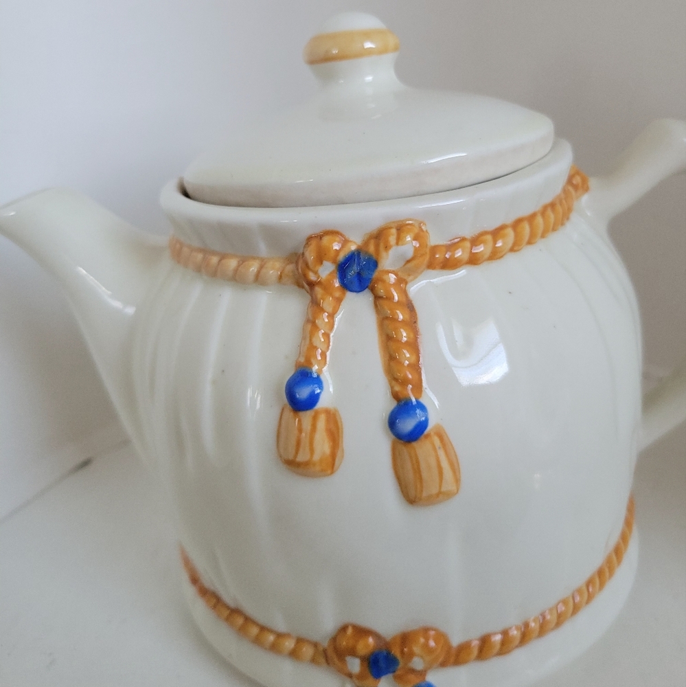 Porcelier Coffee Tea Pot Vitreous Rope with Tassel, vintage, made in USA